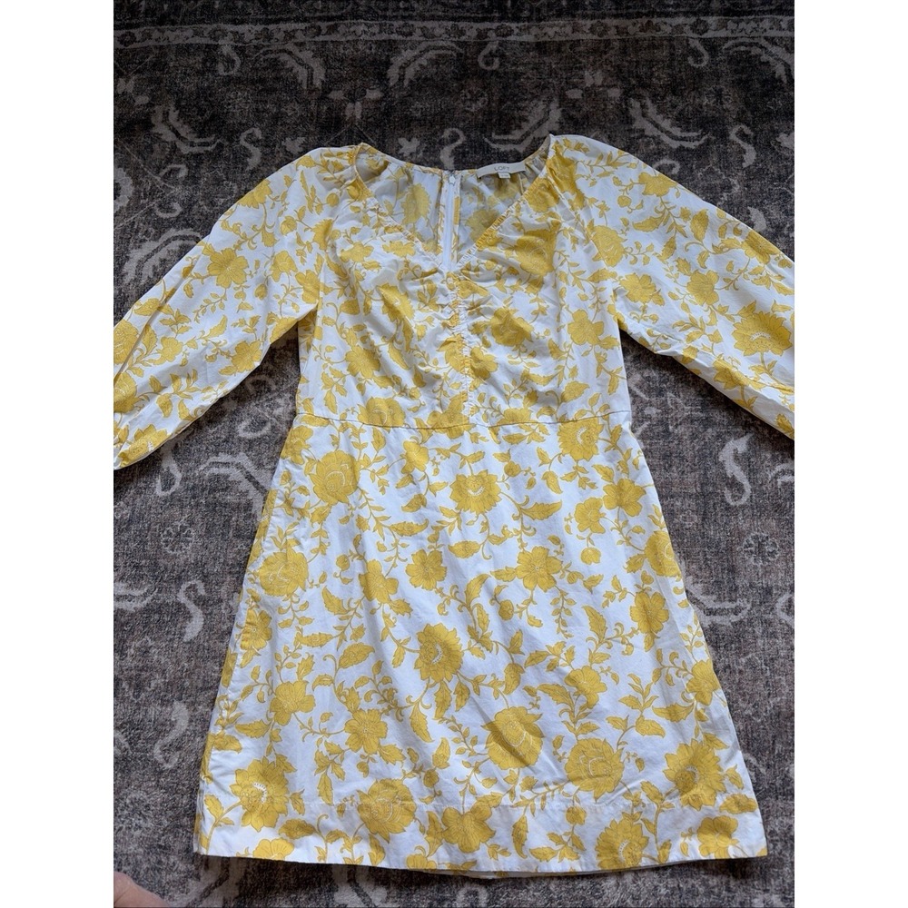 LOFT Women's Dress 6 Yellow White Floral Pattern Bubble Sleeve Back Zip Coastal